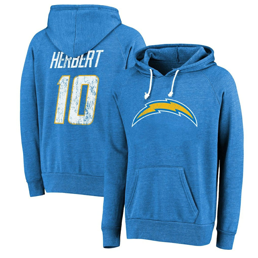 Justin Herbert Los Angeles Chargers Majestic Threads Name & Number Tri-Blend Pullover Hoodie Powder Blue