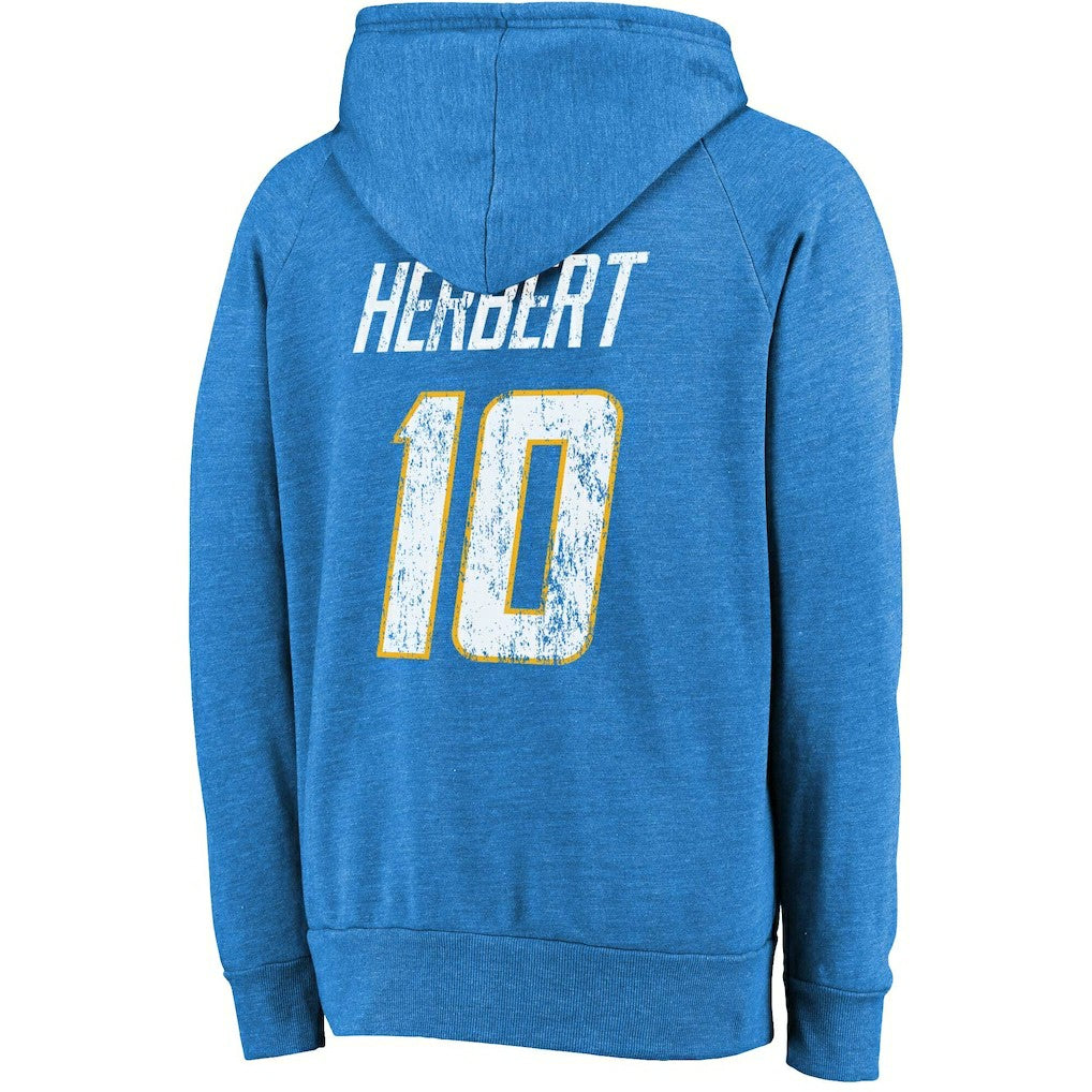 Justin Herbert Los Angeles Chargers Majestic Threads Name & Number Tri-Blend Pullover Hoodie Powder Blue