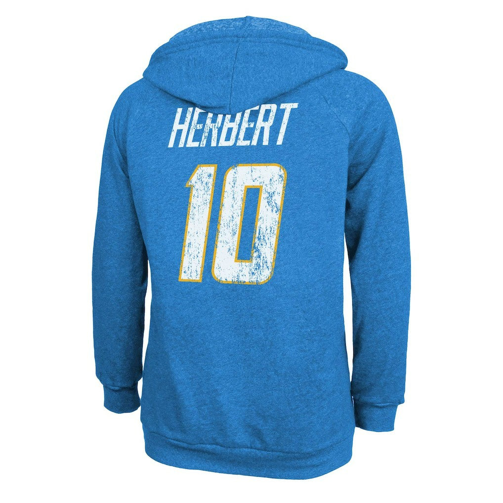 Justin Herbert Los Angeles Chargers Majestic Threads Women's Name & Number Tri-Blend Pullover Hoodie Powder Blue