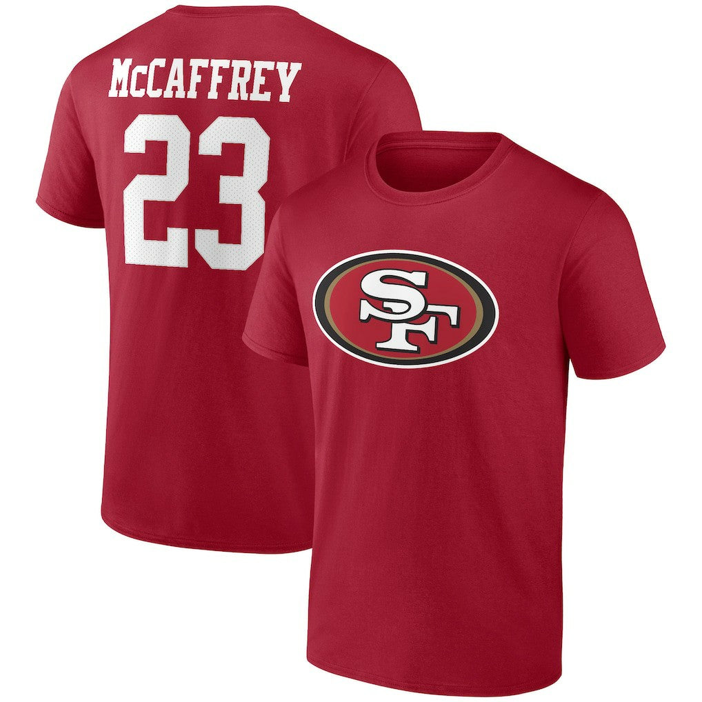 Fanatics Christian McCaffrey San Francisco 49ers Player Icon Name & Number T-Shirt Scarlet