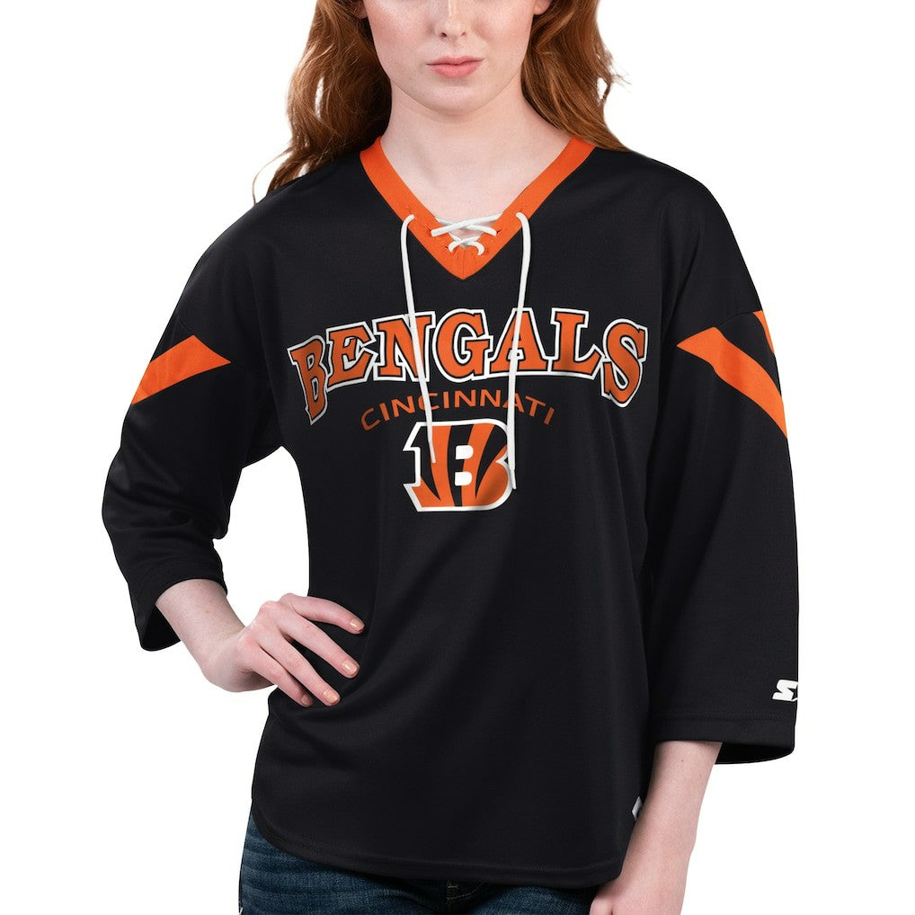 Cincinnati Bengals Starter Women's Rally Lace-Up 3/4 Sleeve T-Shirt Black