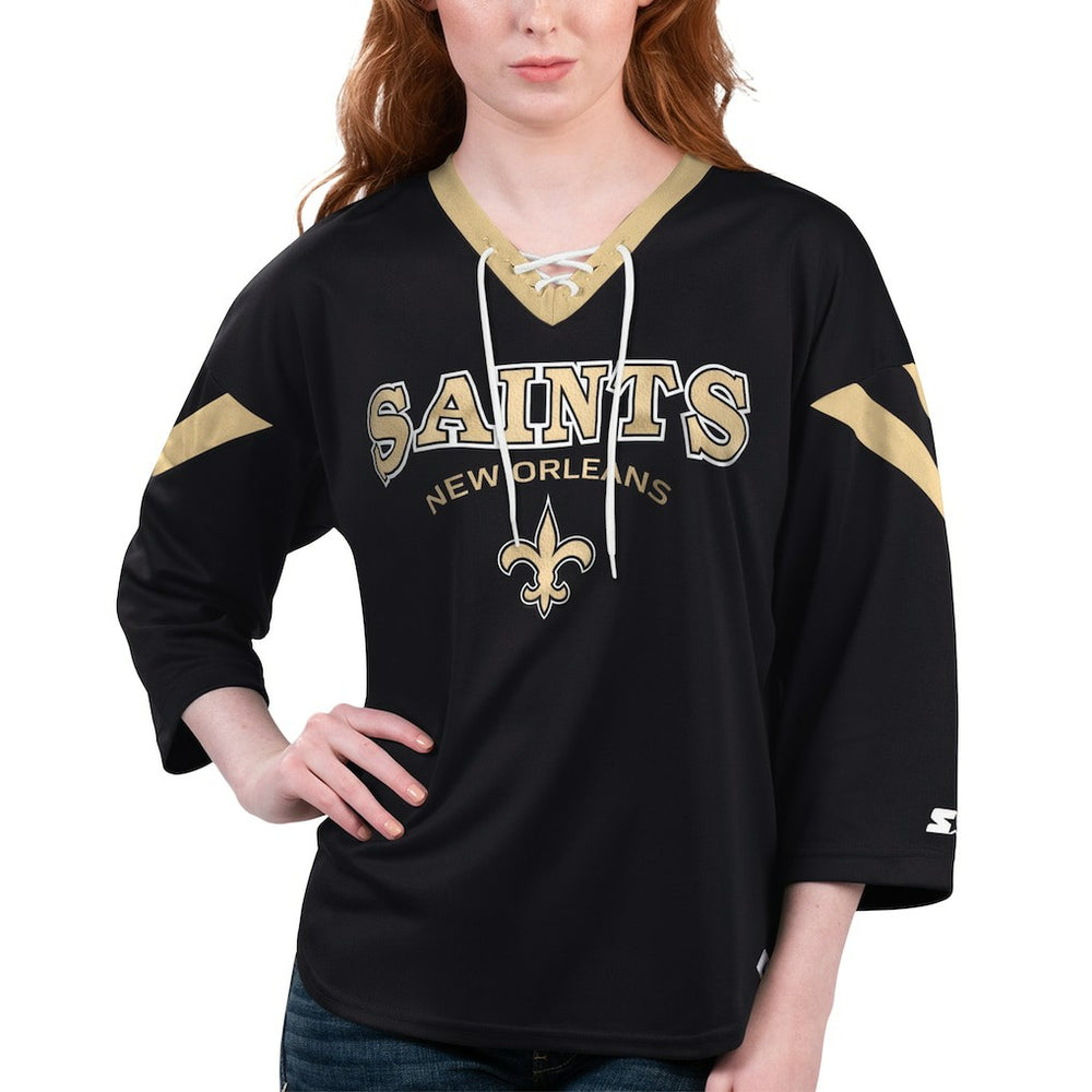 New Orleans Saints Starter Women's Rally Lace-Up 3/4 Sleeve T-Shirt Black