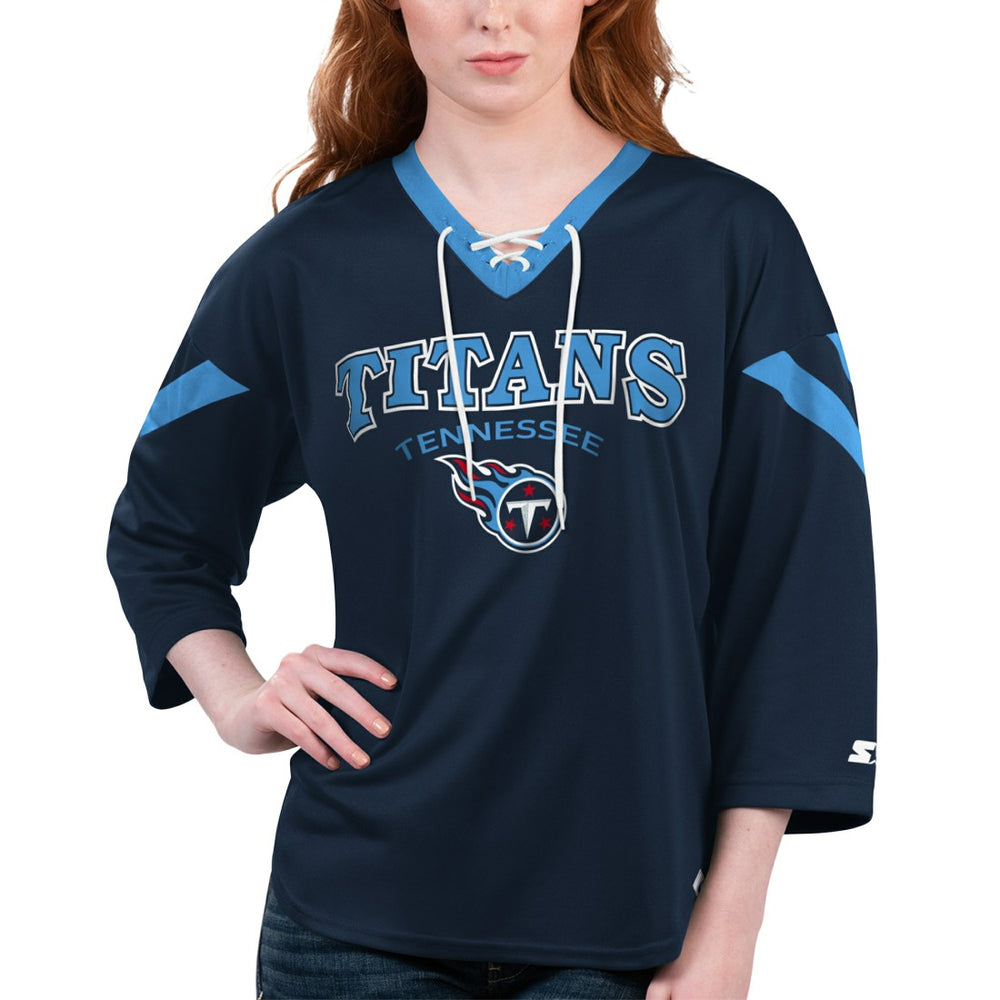 Tennessee Titans Starter Women's Rally Lace-Up 3/4 Sleeve T-Shirt Navy