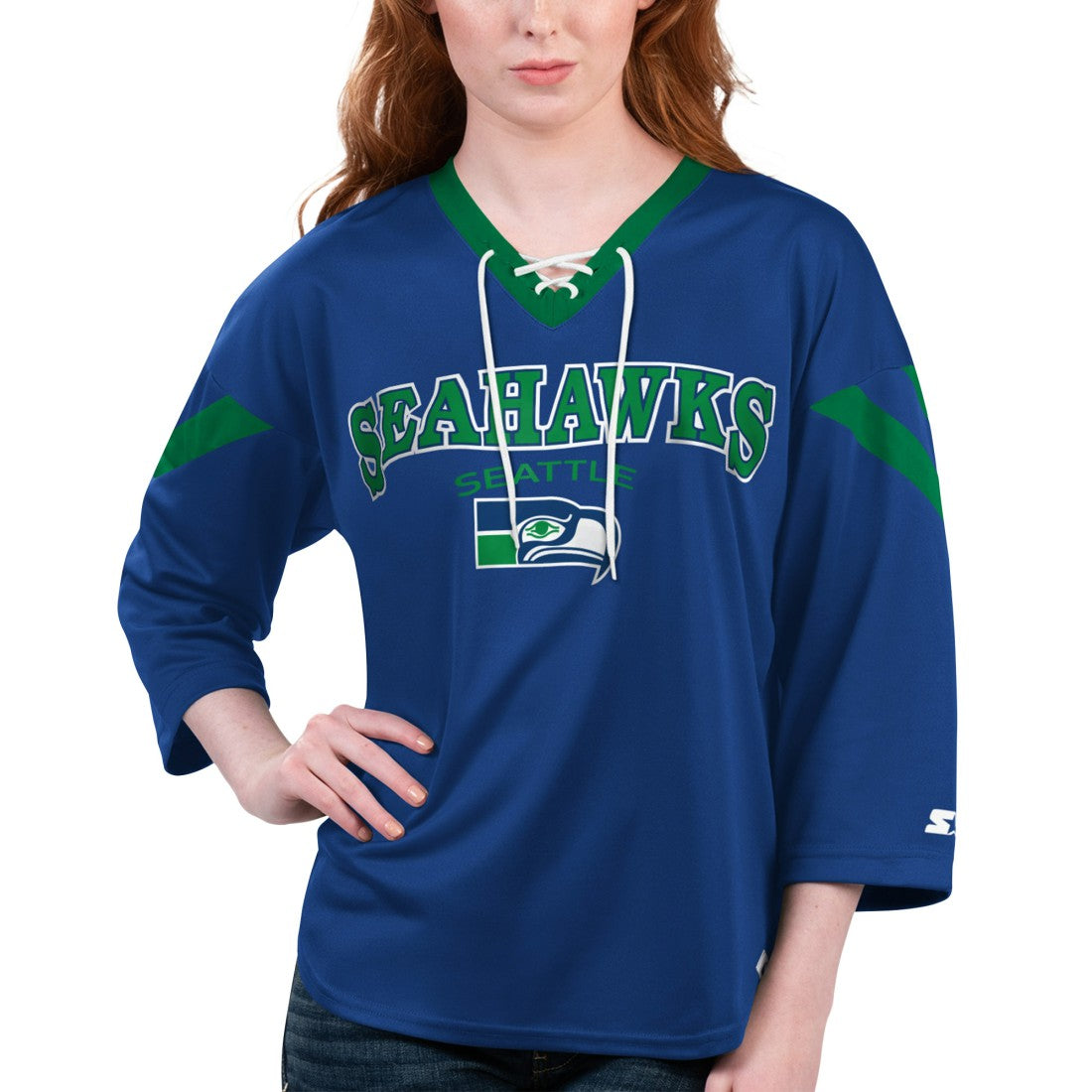Seattle Seahawks Starter Women's Rally Lace-Up 3/4 Sleeve T-Shirt Navy