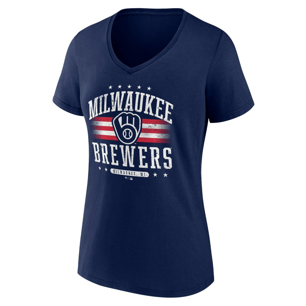 Milwaukee Brewers Women's Americana Team V-Neck T-Shirt - Navy - MLB Sale