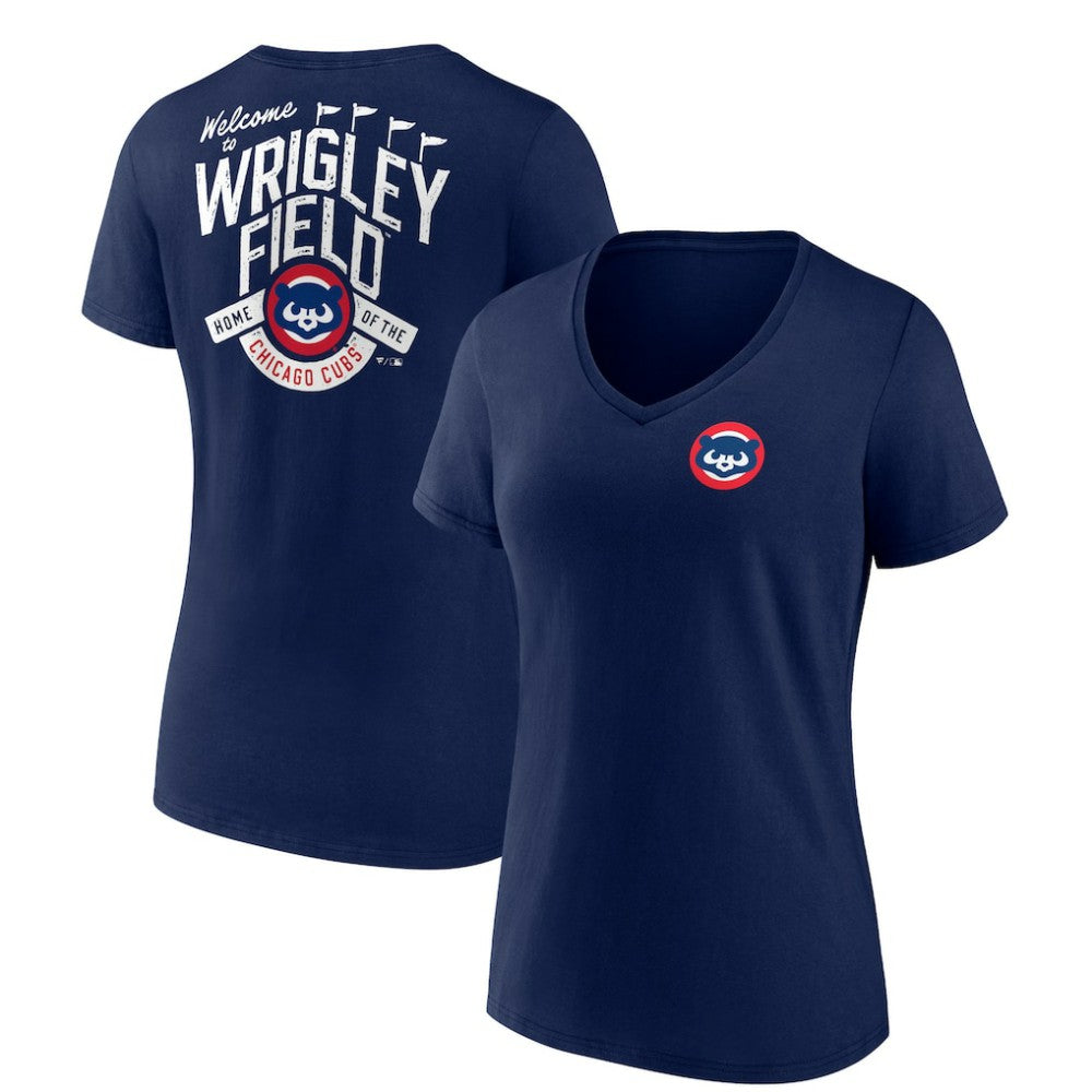 Chicago Cubs Women's Hometown Collection Wrigley V-Neck T-Shirt - Navy - MLB Sale