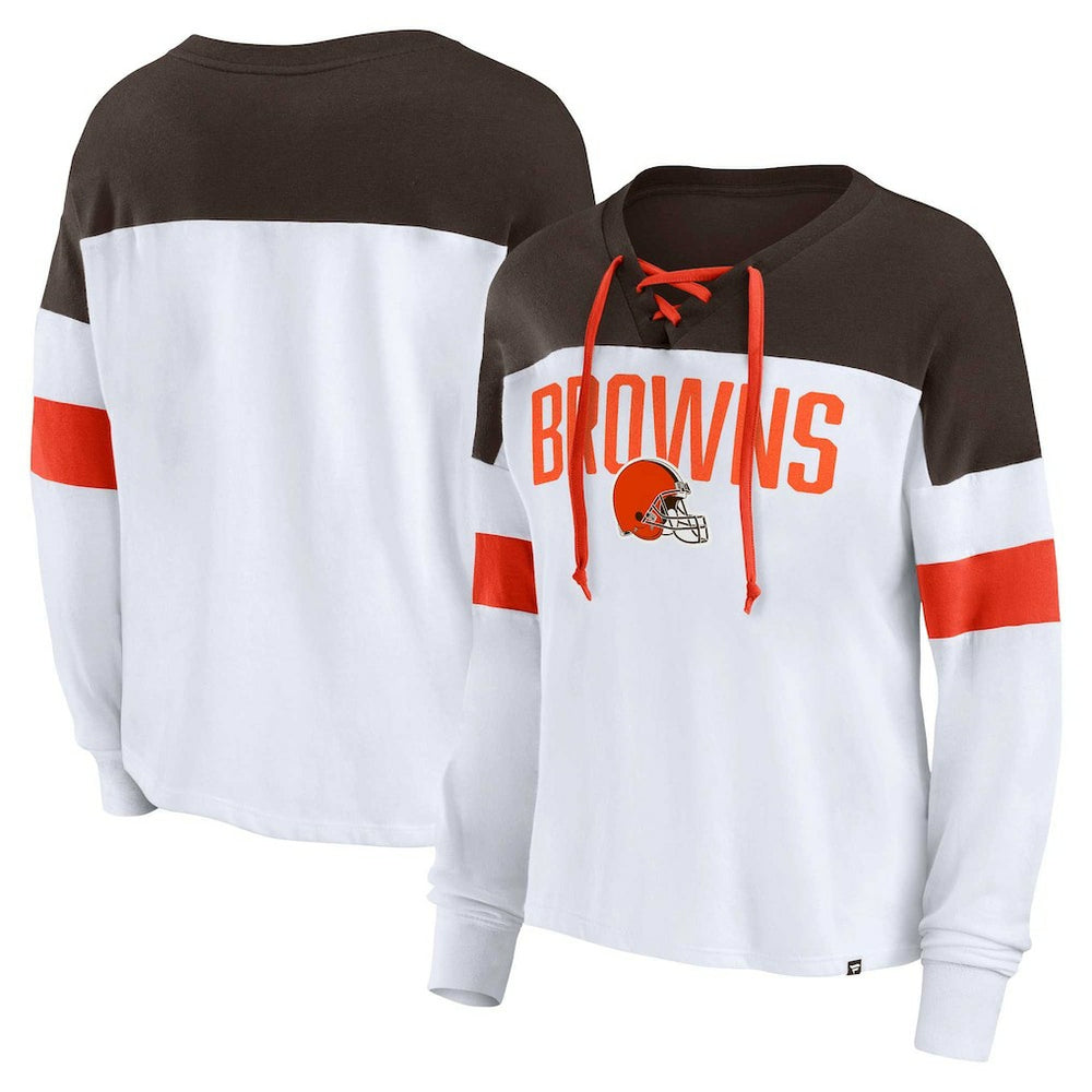 Fanatics Cleveland Browns Women's Plus Size Even Match Lace-Up Long Sleeve V-Neck Top White/Brown