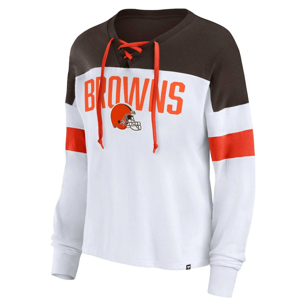 Fanatics Cleveland Browns Women's Plus Size Even Match Lace-Up Long Sleeve V-Neck Top White/Brown