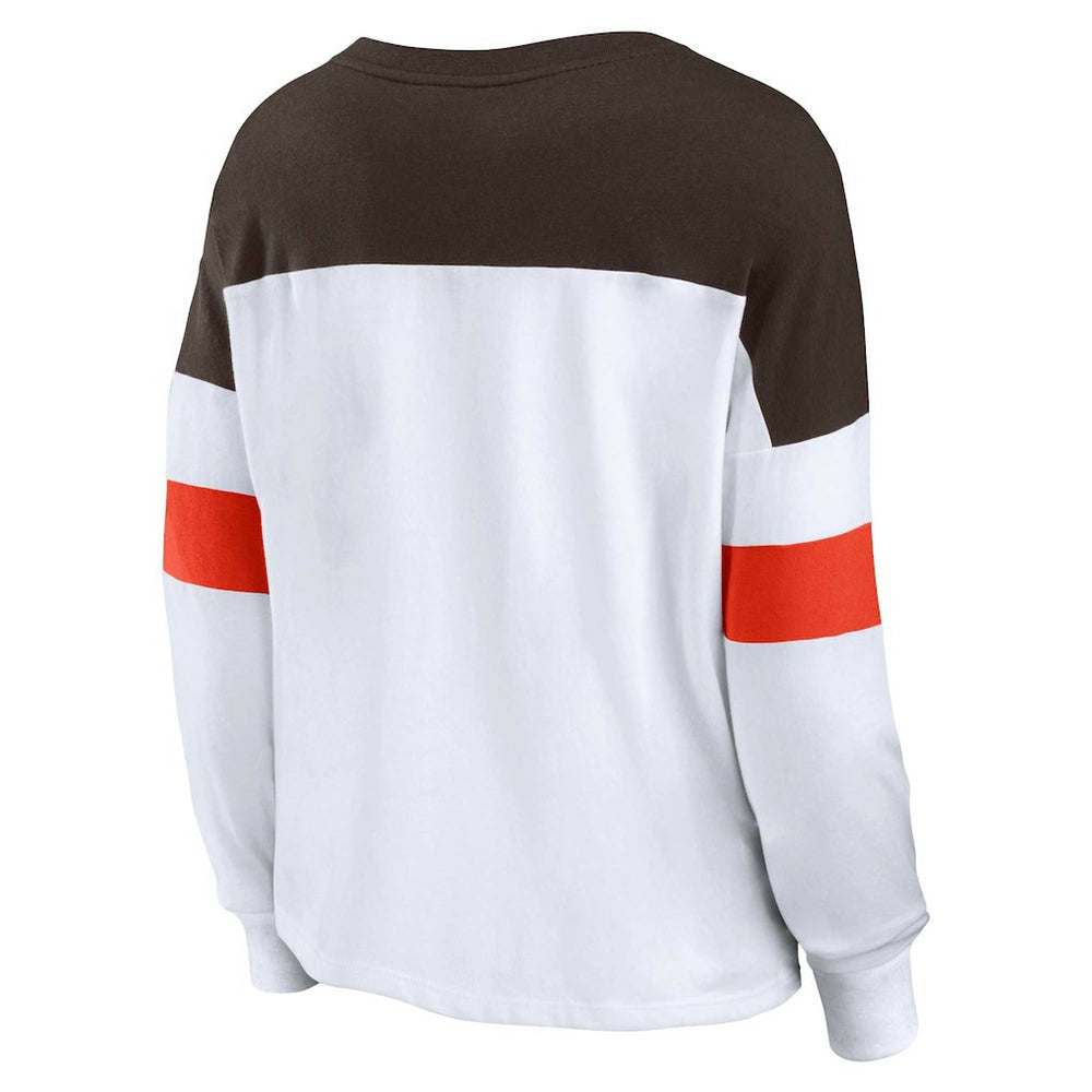 Fanatics Cleveland Browns Women's Plus Size Even Match Lace-Up Long Sleeve V-Neck Top White/Brown