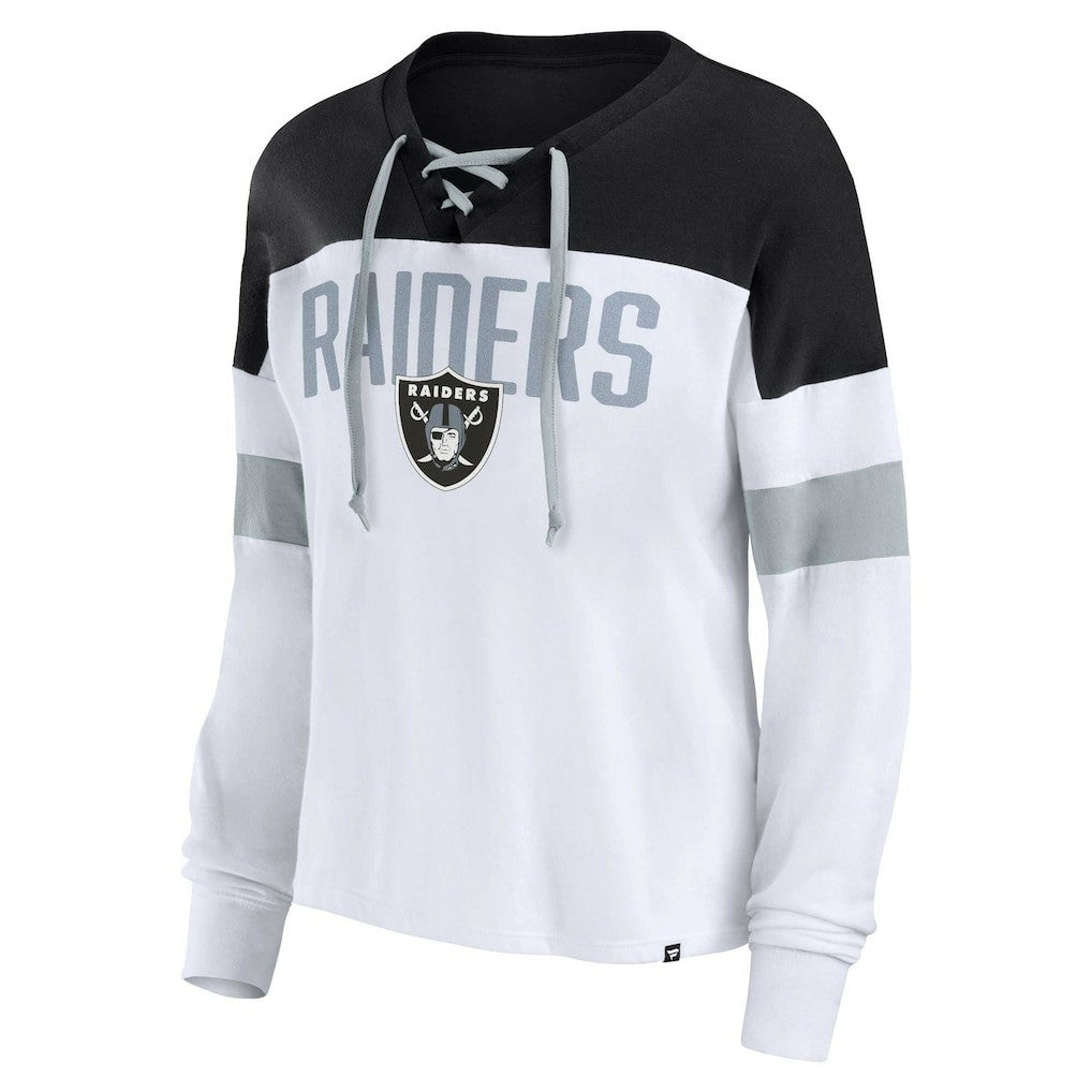 Fanatics Las Vegas Raiders Women's Plus Size Even Match Lace-Up Long Sleeve V-Neck Top White/Black