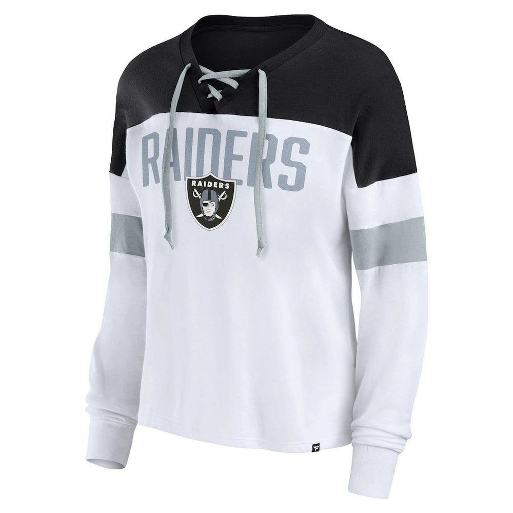 Fanatics Las Vegas Raiders Women's Plus Size Even Match Lace-Up Long Sleeve V-Neck Top White/Black