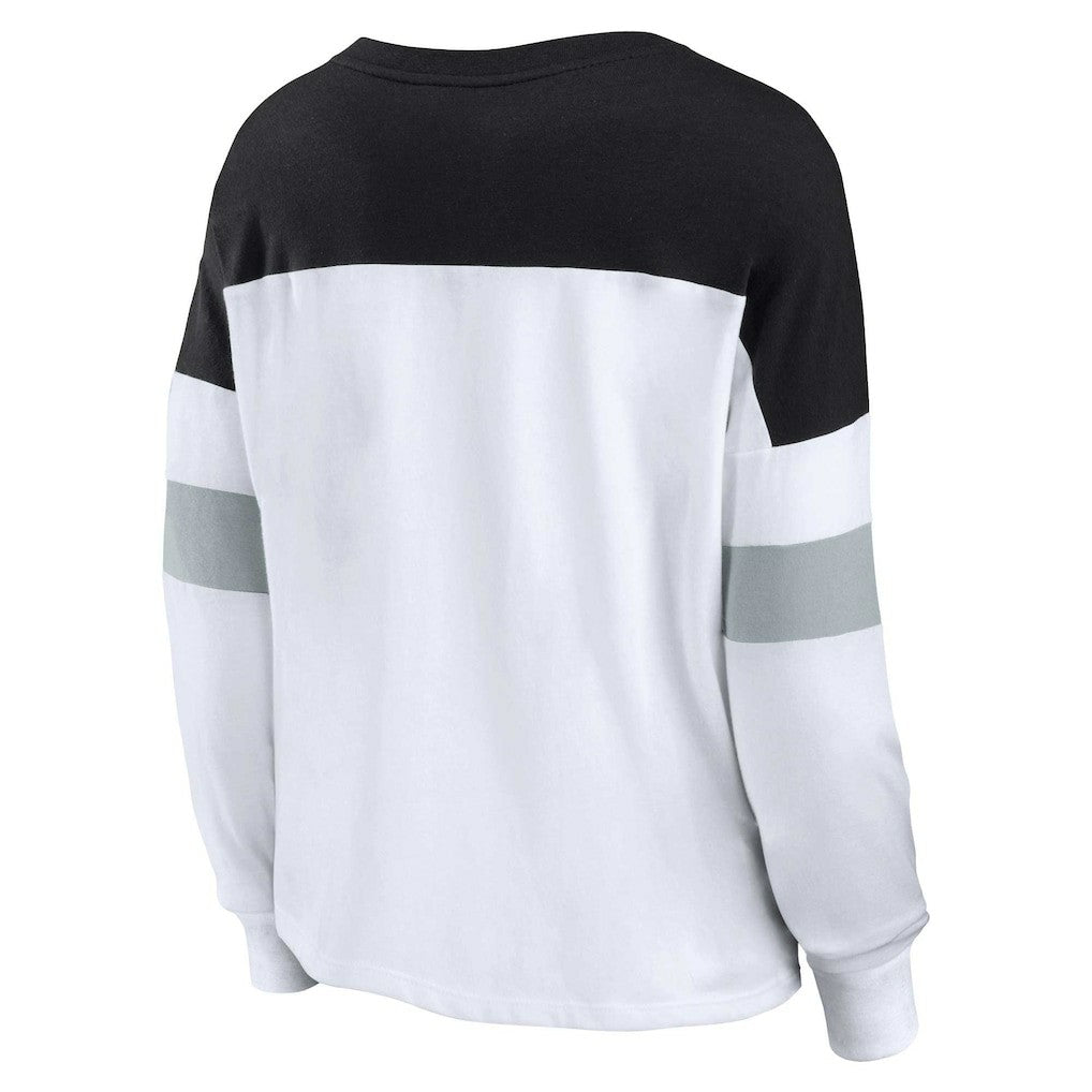 Fanatics Las Vegas Raiders Women's Plus Size Even Match Lace-Up Long Sleeve V-Neck Top White/Black