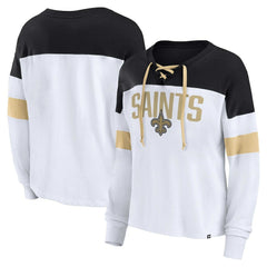 Fanatics New Orleans Saints Women's Plus Size Even Match Lace-Up Long Sleeve V-Neck Top White/Black