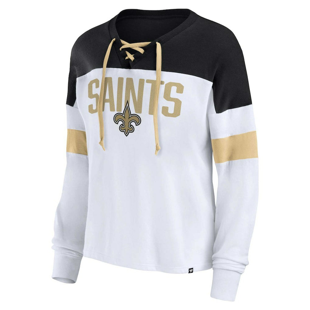 Fanatics New Orleans Saints Women's Plus Size Even Match Lace-Up Long Sleeve V-Neck Top White/Black