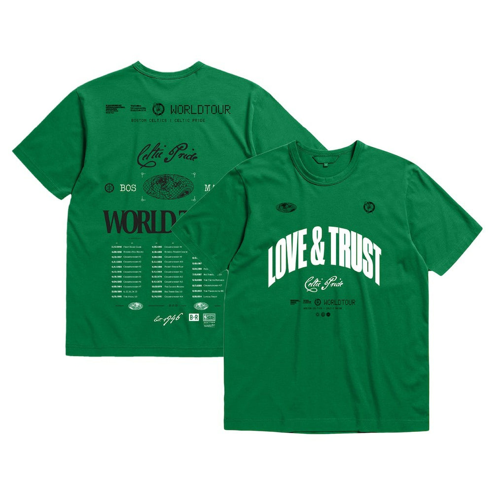 Boston Celtics Bleacher Report x  Unisex World Tour T-Shirt Kelly Green | Mitchell & Ness outlet