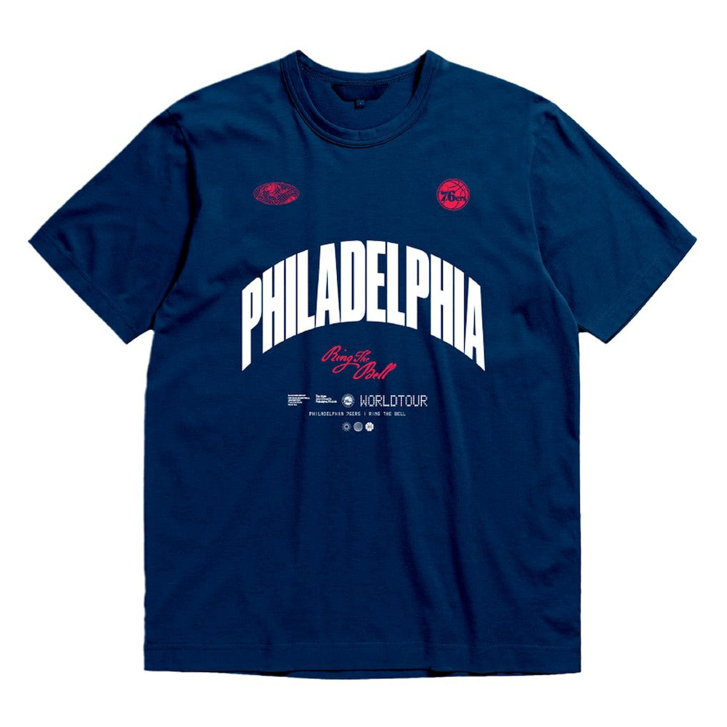 Philadelphia 76ers Bleacher Report x  Unisex World Tour T-Shirt Navy | Mitchell & Ness US