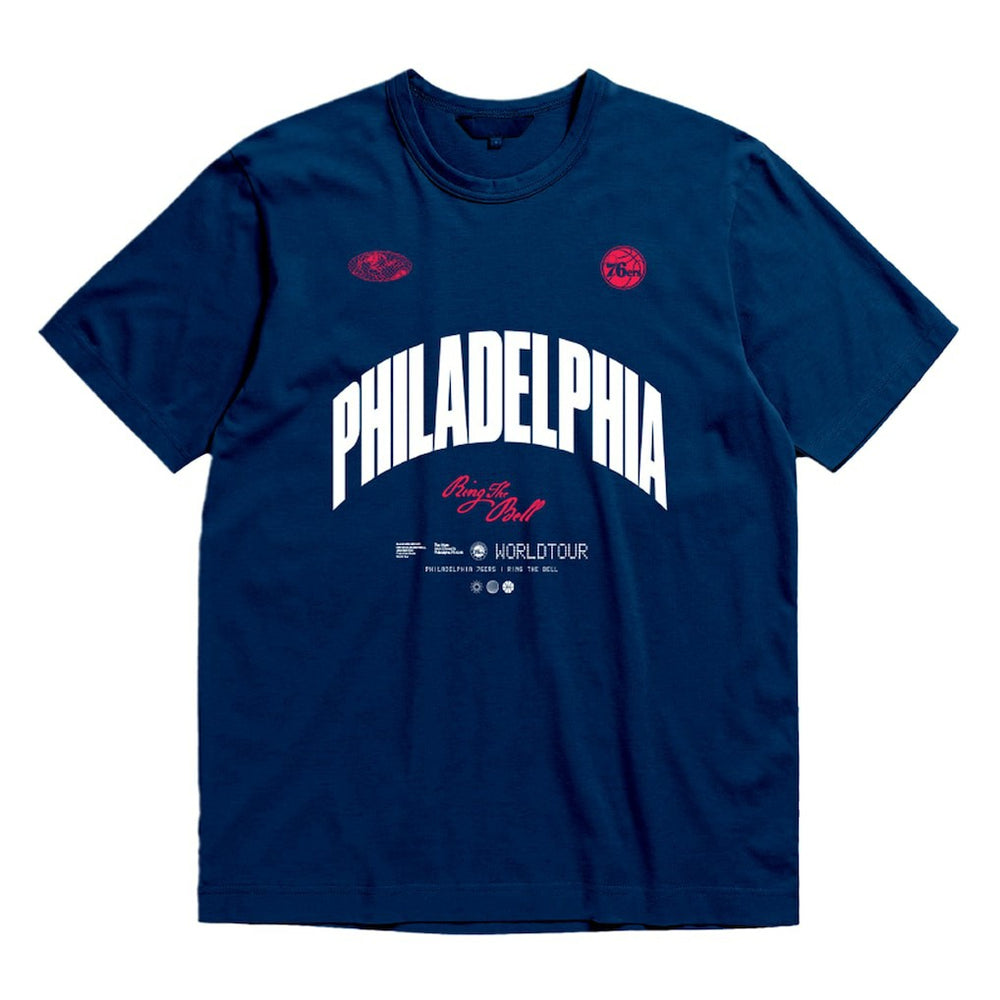 Philadelphia 76ers Bleacher Report x  Unisex World Tour T-Shirt Navy | Mitchell & Ness US