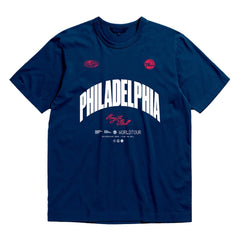Philadelphia 76ers Bleacher Report x  Unisex World Tour T-Shirt Navy | Mitchell & Ness US