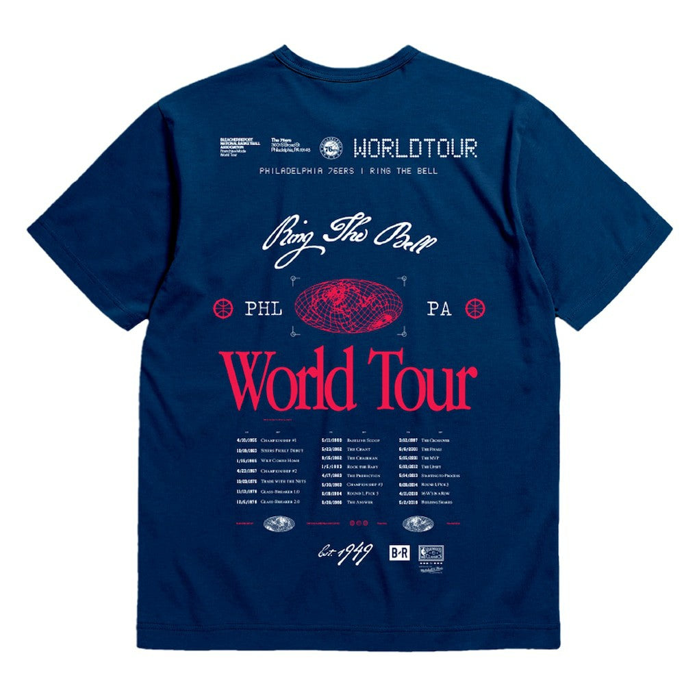 Philadelphia 76ers Bleacher Report x  Unisex World Tour T-Shirt Navy | Mitchell & Ness US