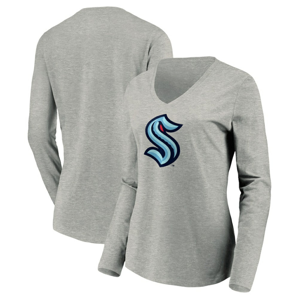 Seattle Kraken Women's Primary Logo V-Neck Long Sleeve T-Shirt - Gray - NHL 200131666