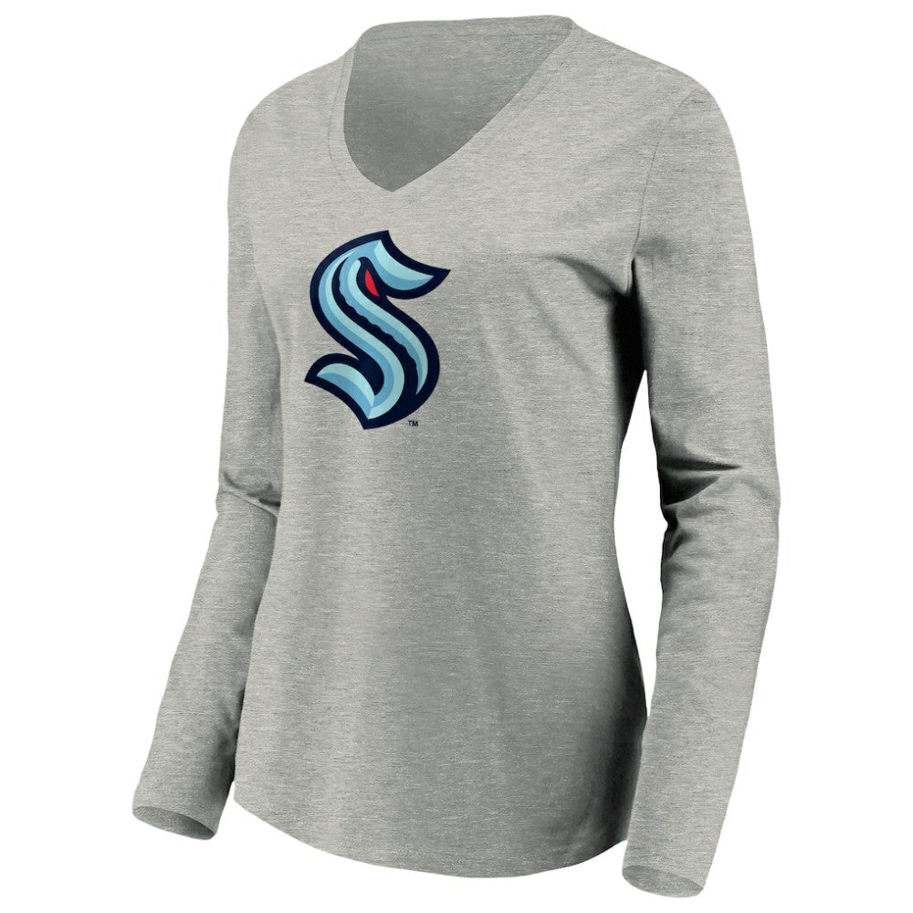 Seattle Kraken Women's Primary Logo V-Neck Long Sleeve T-Shirt - Gray - NHL 200131666