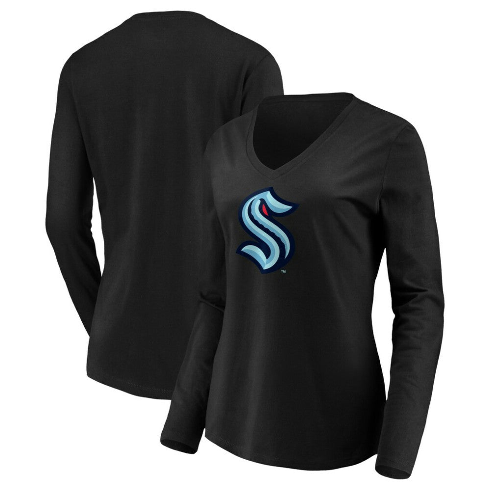 Seattle Kraken Women's Primary Logo V-Neck Long Sleeve T-Shirt - Black - NHL 200131914
