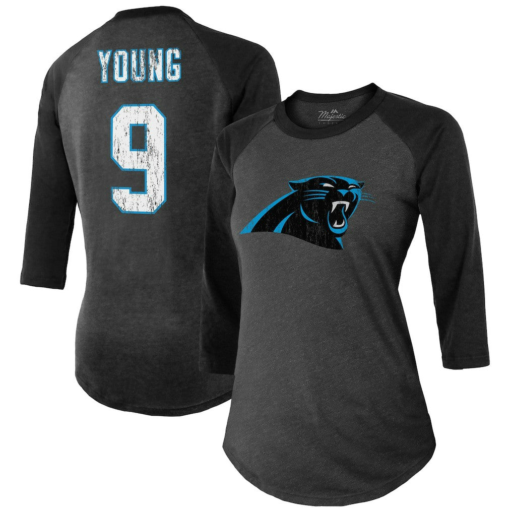 Bryce Young Carolina Panthers Majestic Threads Women's Player Name & Number Tri-Blend 3/4-Sleeve Fitted T-Shirt Black