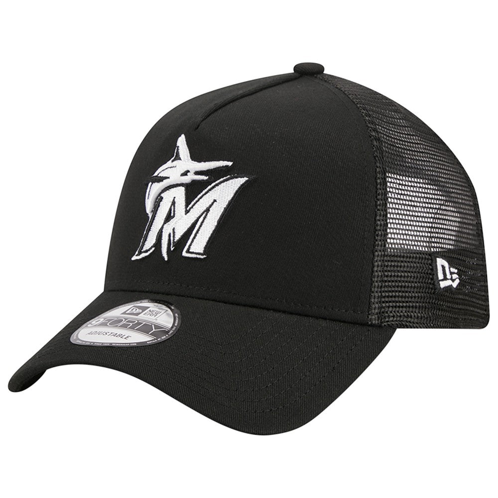 Miami Marlins New Era A-Frame 9FORTY Trucker Adjustable Hat - Black - New Era on Sale