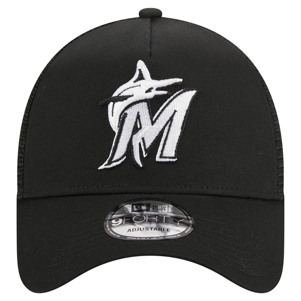 Miami Marlins New Era A-Frame 9FORTY Trucker Adjustable Hat - Black - New Era on Sale