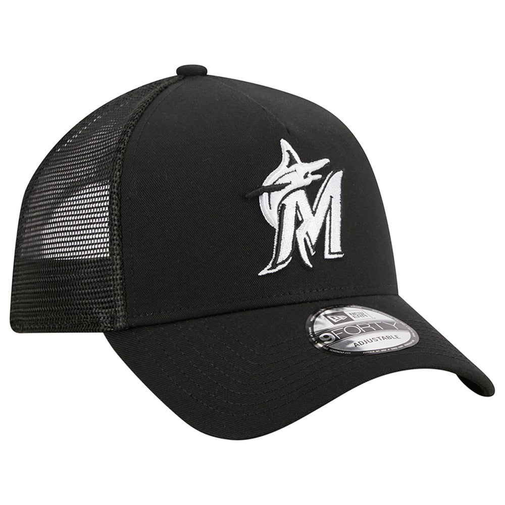 Miami Marlins New Era A-Frame 9FORTY Trucker Adjustable Hat - Black - New Era on Sale