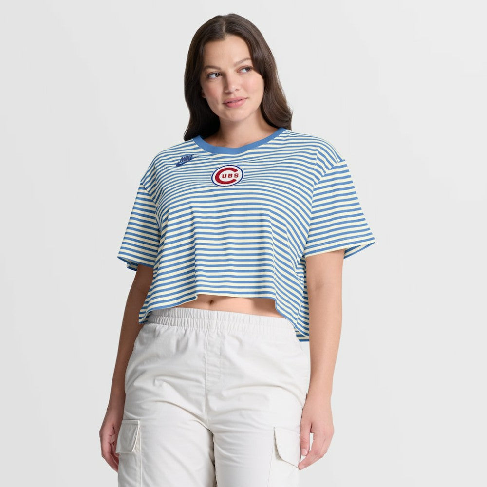 Chicago Cubs Nike Women's Cooperstown Collection Striped Cropped T-Shirt - Light Blue/Cream - Nike Sale