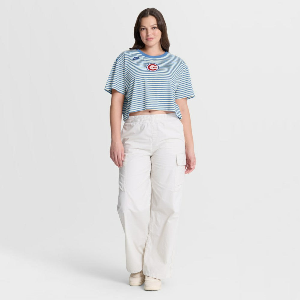 Chicago Cubs Nike Women's Cooperstown Collection Striped Cropped T-Shirt - Light Blue/Cream - Nike Sale