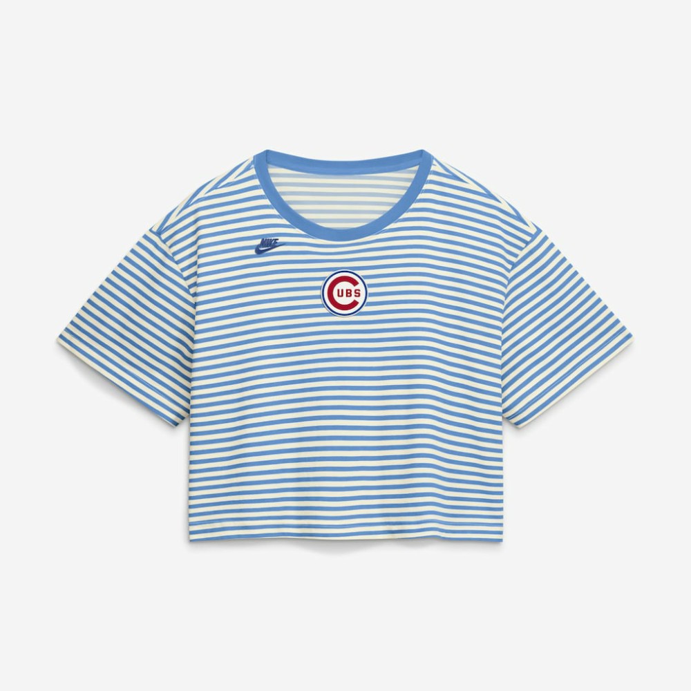Chicago Cubs Nike Women's Cooperstown Collection Striped Cropped T-Shirt - Light Blue/Cream - Nike Sale