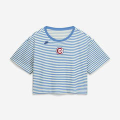 Chicago Cubs Nike Women's Cooperstown Collection Striped Cropped T-Shirt - Light Blue/Cream - Nike Sale
