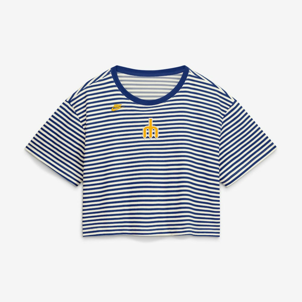 Seattle Mariners Nike Women's Cooperstown Collection Striped Cropped T-Shirt - Royal/Cream - Nike Discount