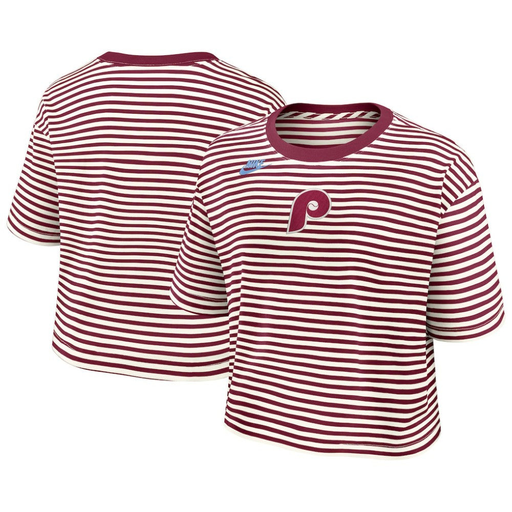 Philadelphia Phillies Nike Women's Cooperstown Collection Striped Cropped T-Shirt - Burgundy/Cream - Nike Lifestyle