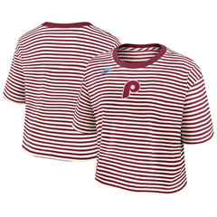 Philadelphia Phillies Nike Women's Cooperstown Collection Striped Cropped T-Shirt - Burgundy/Cream - Nike Lifestyle
