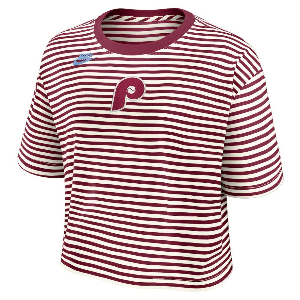 Philadelphia Phillies Nike Women's Cooperstown Collection Striped Cropped T-Shirt - Burgundy/Cream - Nike Lifestyle