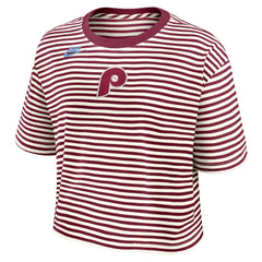 Philadelphia Phillies Nike Women's Cooperstown Collection Striped Cropped T-Shirt - Burgundy/Cream - Nike Lifestyle