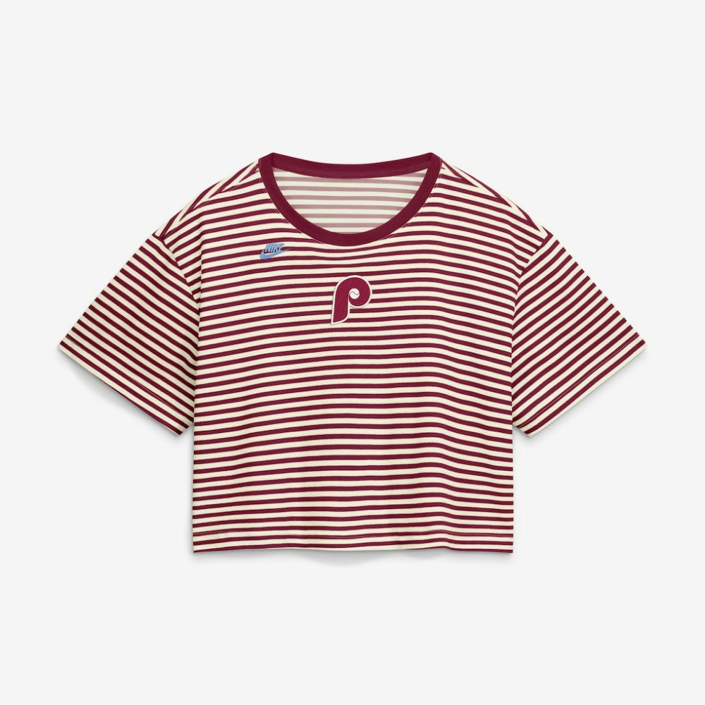 Philadelphia Phillies Nike Women's Cooperstown Collection Striped Cropped T-Shirt - Burgundy/Cream - Nike Lifestyle
