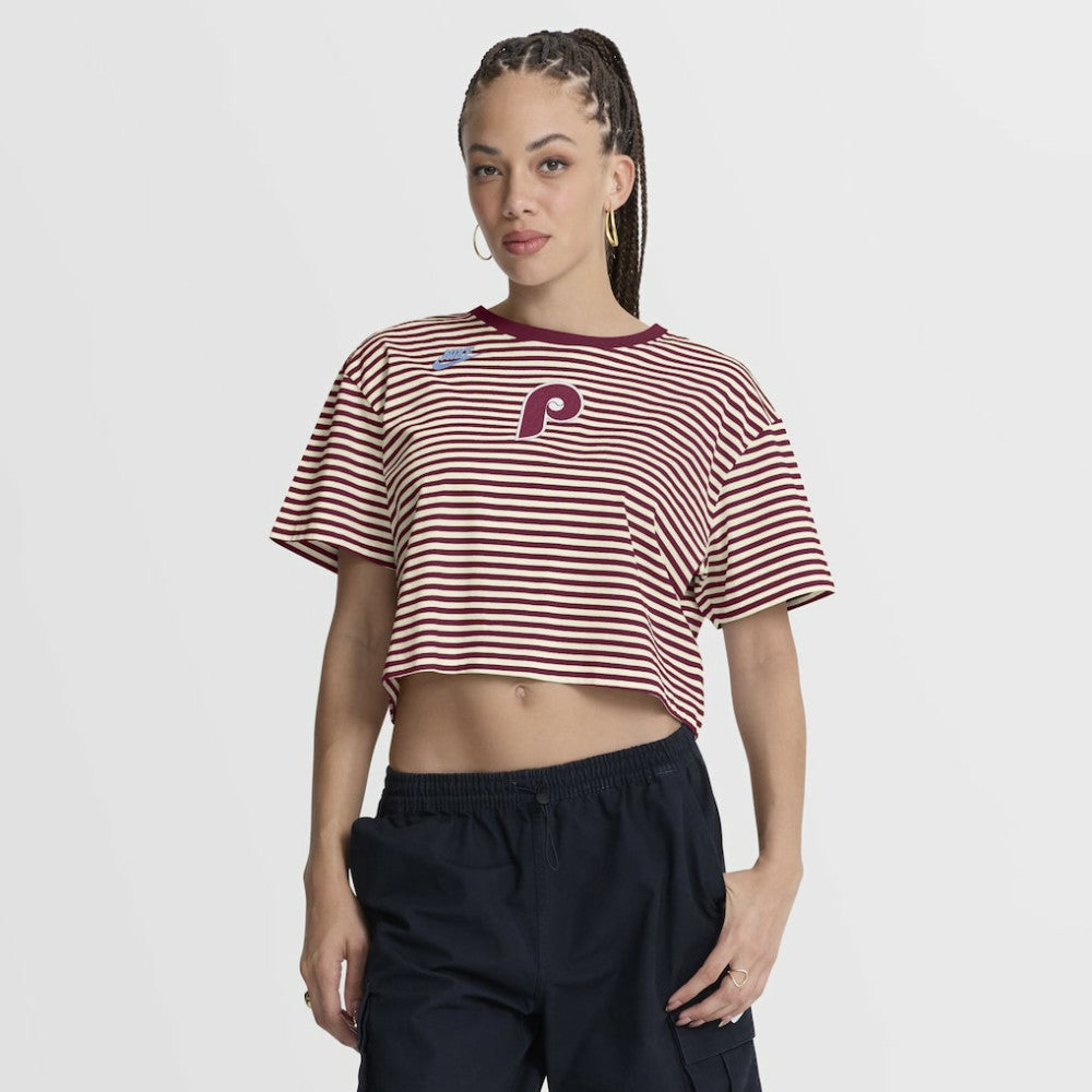 Philadelphia Phillies Nike Women's Cooperstown Collection Striped Cropped T-Shirt - Burgundy/Cream - Nike Lifestyle
