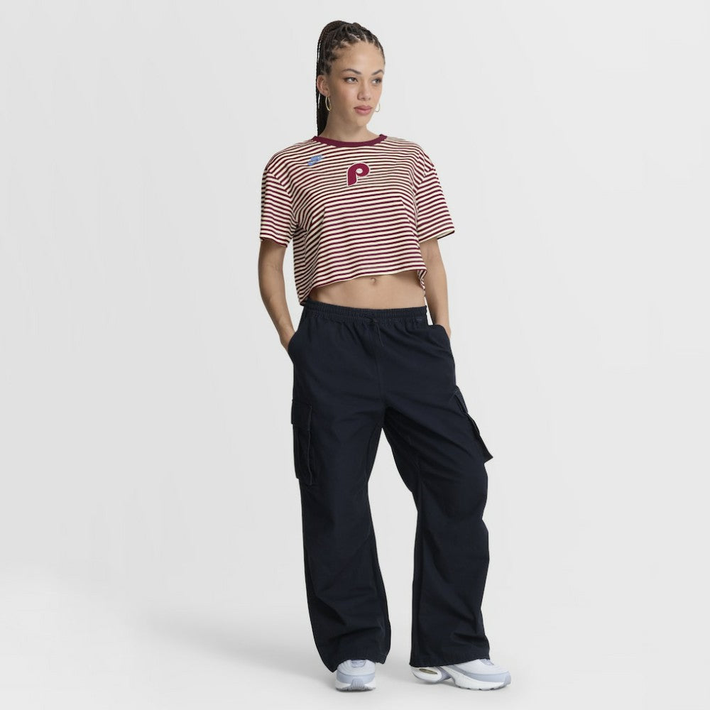 Philadelphia Phillies Nike Women's Cooperstown Collection Striped Cropped T-Shirt - Burgundy/Cream - Nike Lifestyle