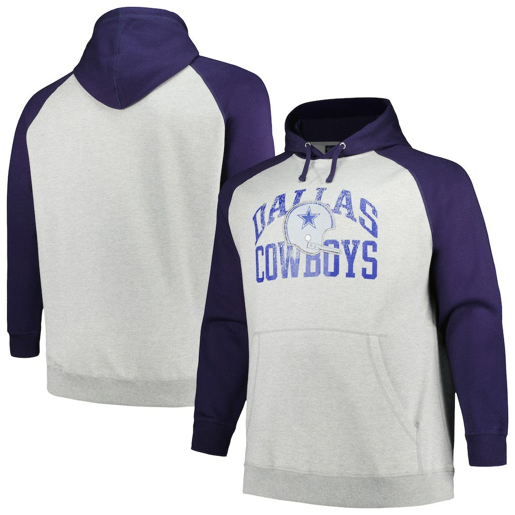 Dallas Cowboys Profile Big & Tall Favorite Arch Throwback Raglan Pullover Hoodie Heather Gray/Navy