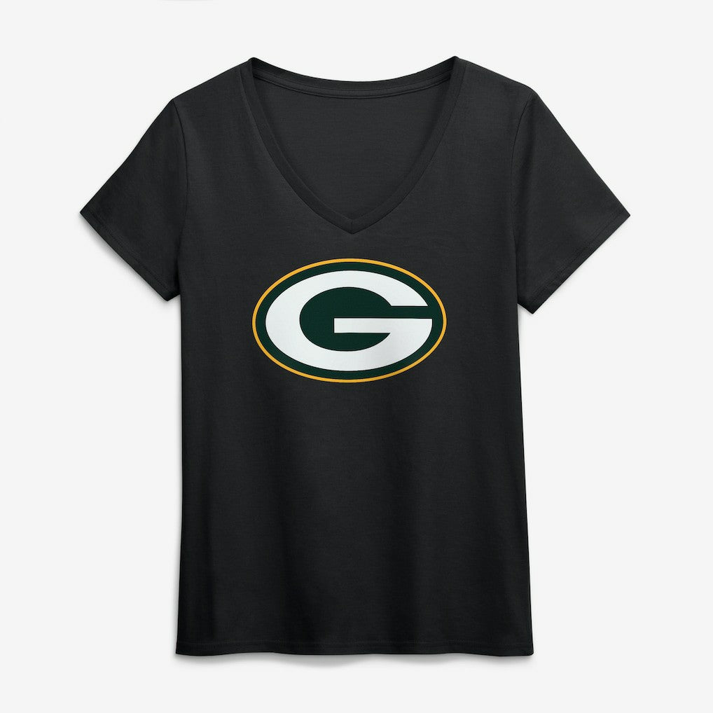 Green Bay Packers Logo Athletic Women's Primary Logo V-Neck T-Shirt Black
