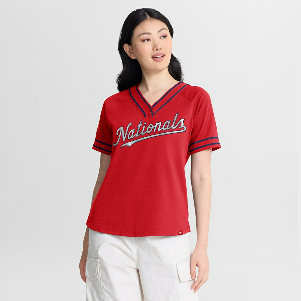 Washington Nationals Fanatics Women's Diva Race Ahead Raglan V-Neck T-Shirt - Red - Fanatics Discount