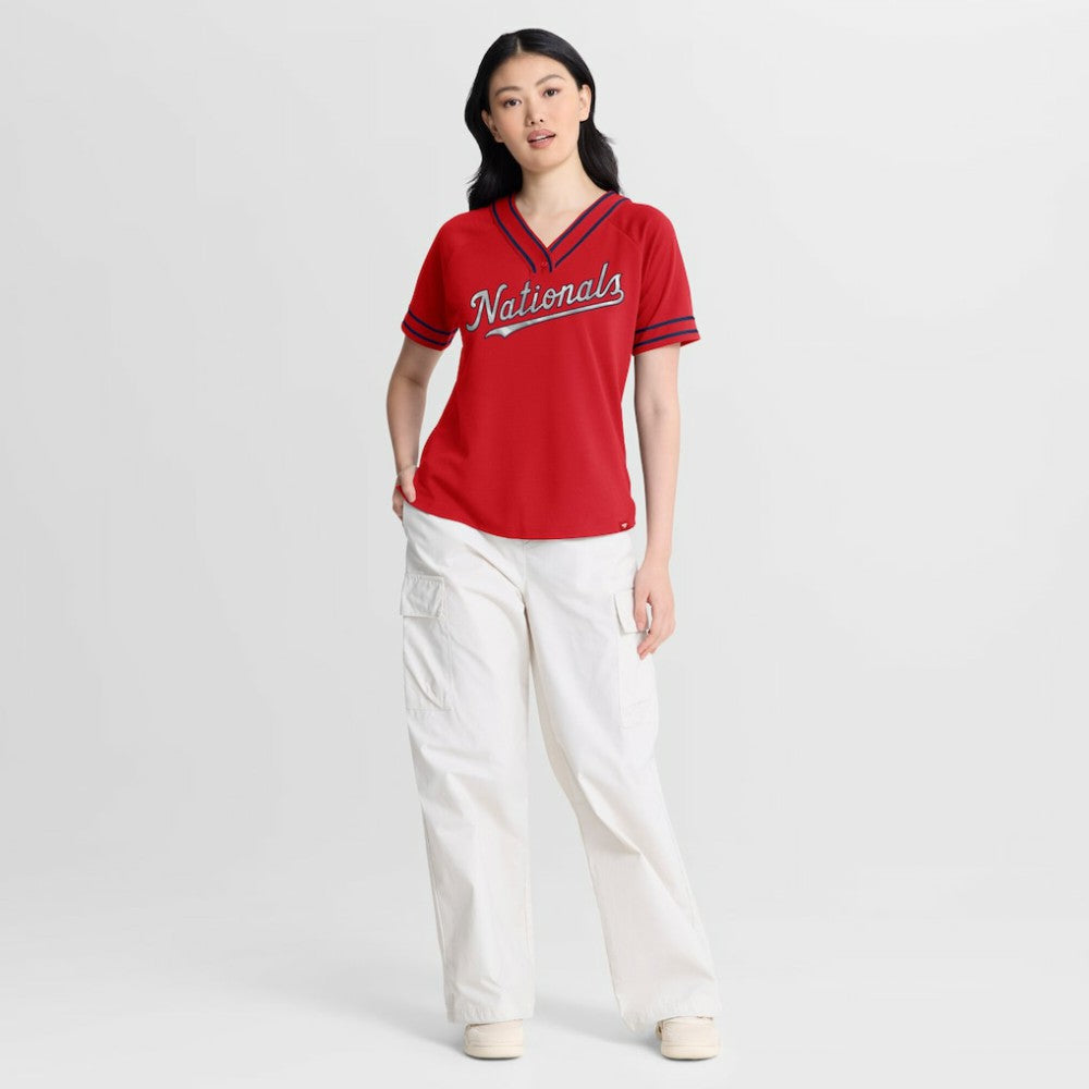 Washington Nationals Fanatics Women's Diva Race Ahead Raglan V-Neck T-Shirt - Red - Fanatics Discount