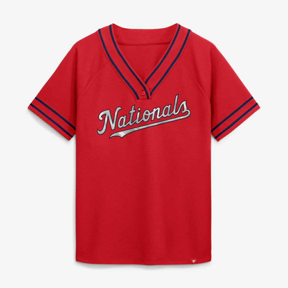 Washington Nationals Fanatics Women's Diva Race Ahead Raglan V-Neck T-Shirt - Red - Fanatics Discount
