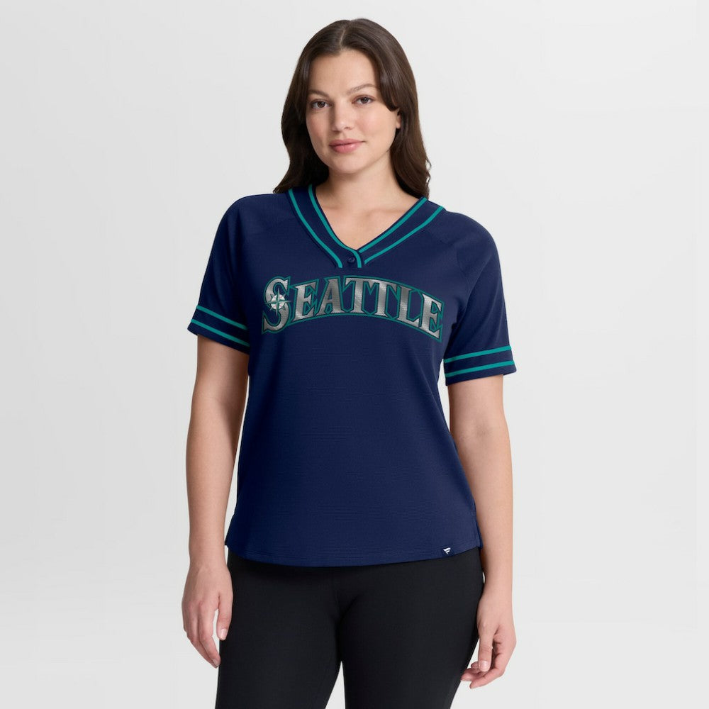 Seattle Mariners Fanatics Women's Diva Race Ahead Raglan V-Neck T-Shirt - Navy - Fanatics Lifestyle
