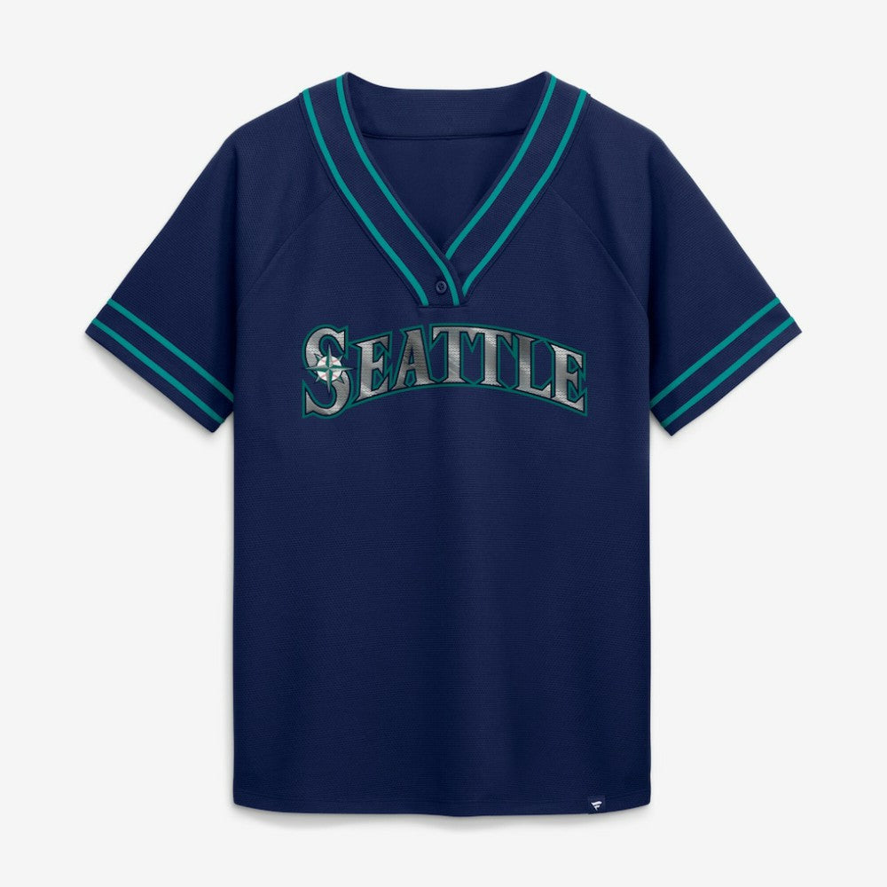 Seattle Mariners Fanatics Women's Diva Race Ahead Raglan V-Neck T-Shirt - Navy - Fanatics Lifestyle