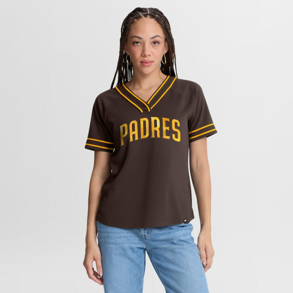 San Diego Padres Fanatics Women's Diva Race Ahead Raglan V-Neck T-Shirt - Brown - Fanatics Lifestyle